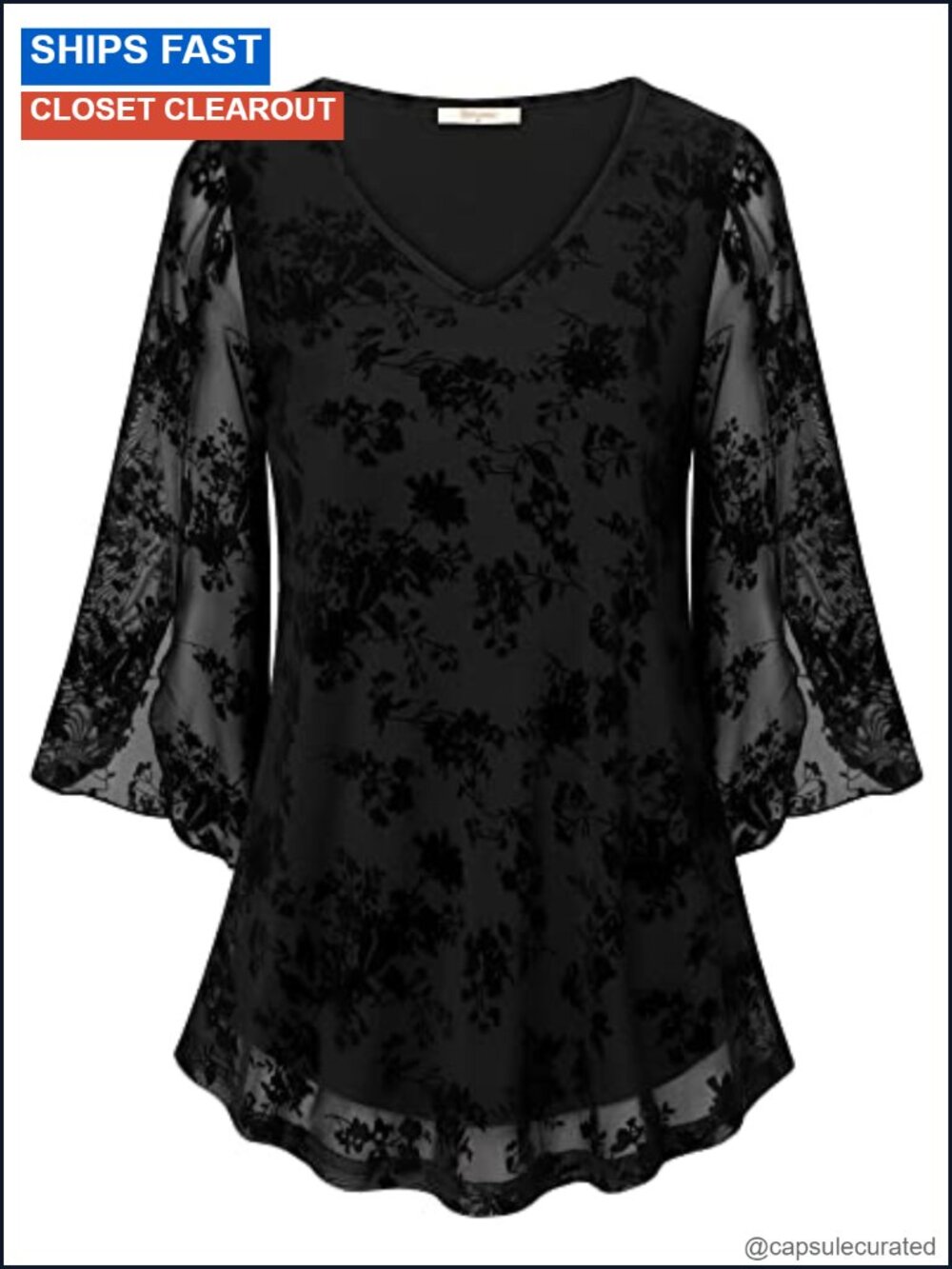 Women's Ruffle 3/4 Sleeve V Neck Double Layers Mesh Blouse Flowy Tunic Top